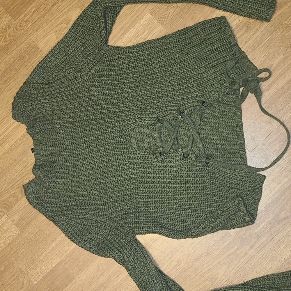 Olive sweater With Sexy Lace Up Detail - Picture 2 of 3